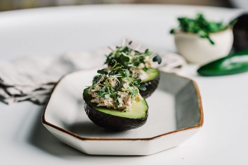 2 plated Tuna Stuffed Avocado Boats