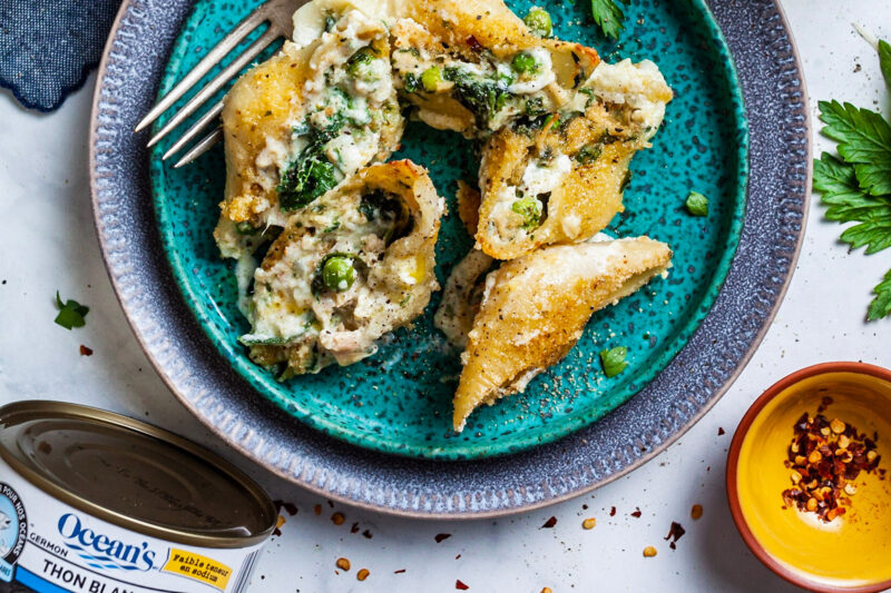 A full plate of Cheesy Tuna Stuffed Pasta Shells