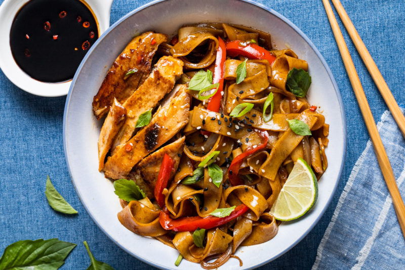 A bowl of Thai Chili Yellowfin Tuna Steaks with Spicy Drunken Noodles